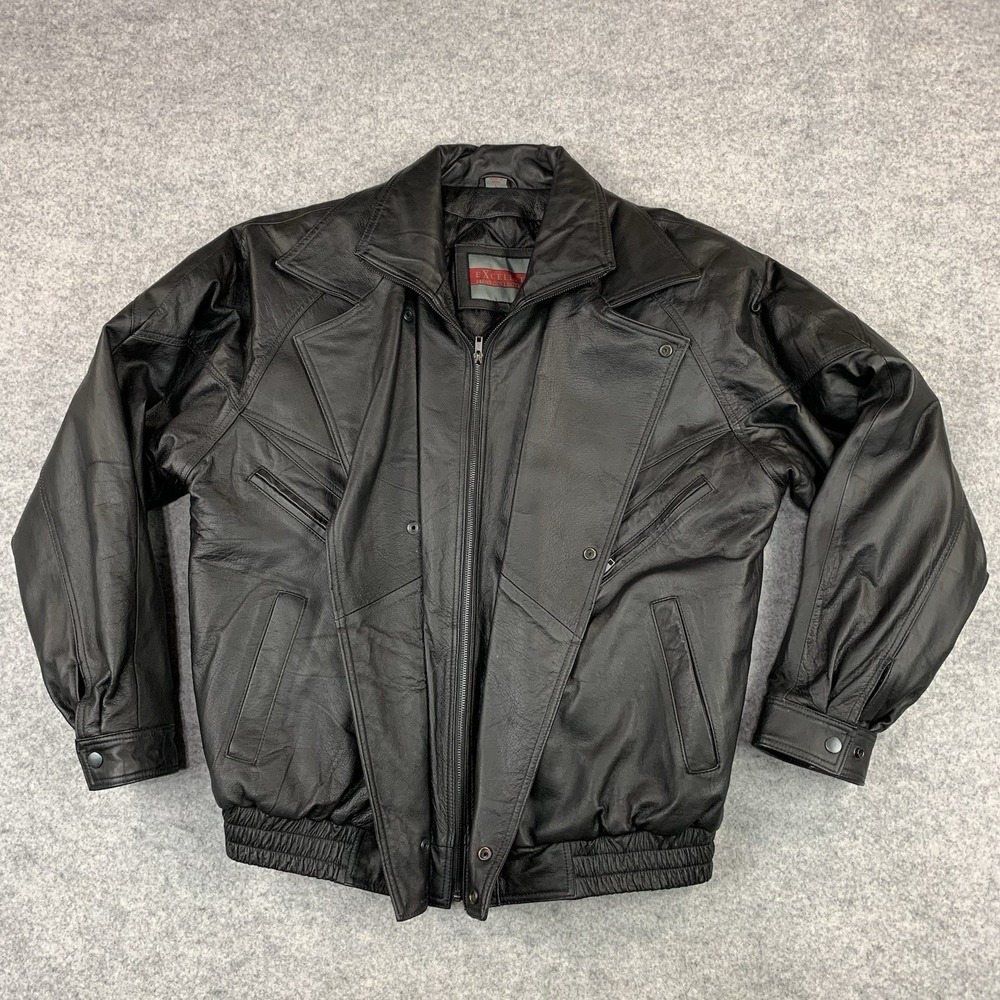 Vintage Excelled Mens Size Large Black Leather Bomber Full Zip Jacket Biker